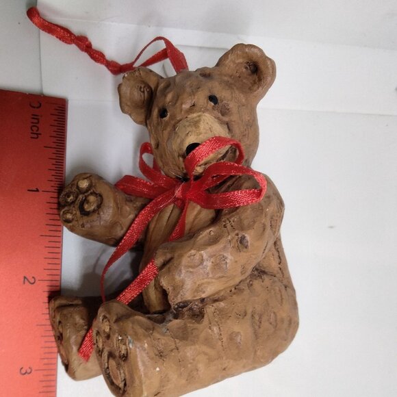 Teddy Bear Christmas Ornament Rustic Cottage Cabin Lodge Brown Red Ribbon Bow - Picture 6 of 8